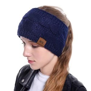Navy Blue Cable Knit Headband Ear Warmers with Fleece